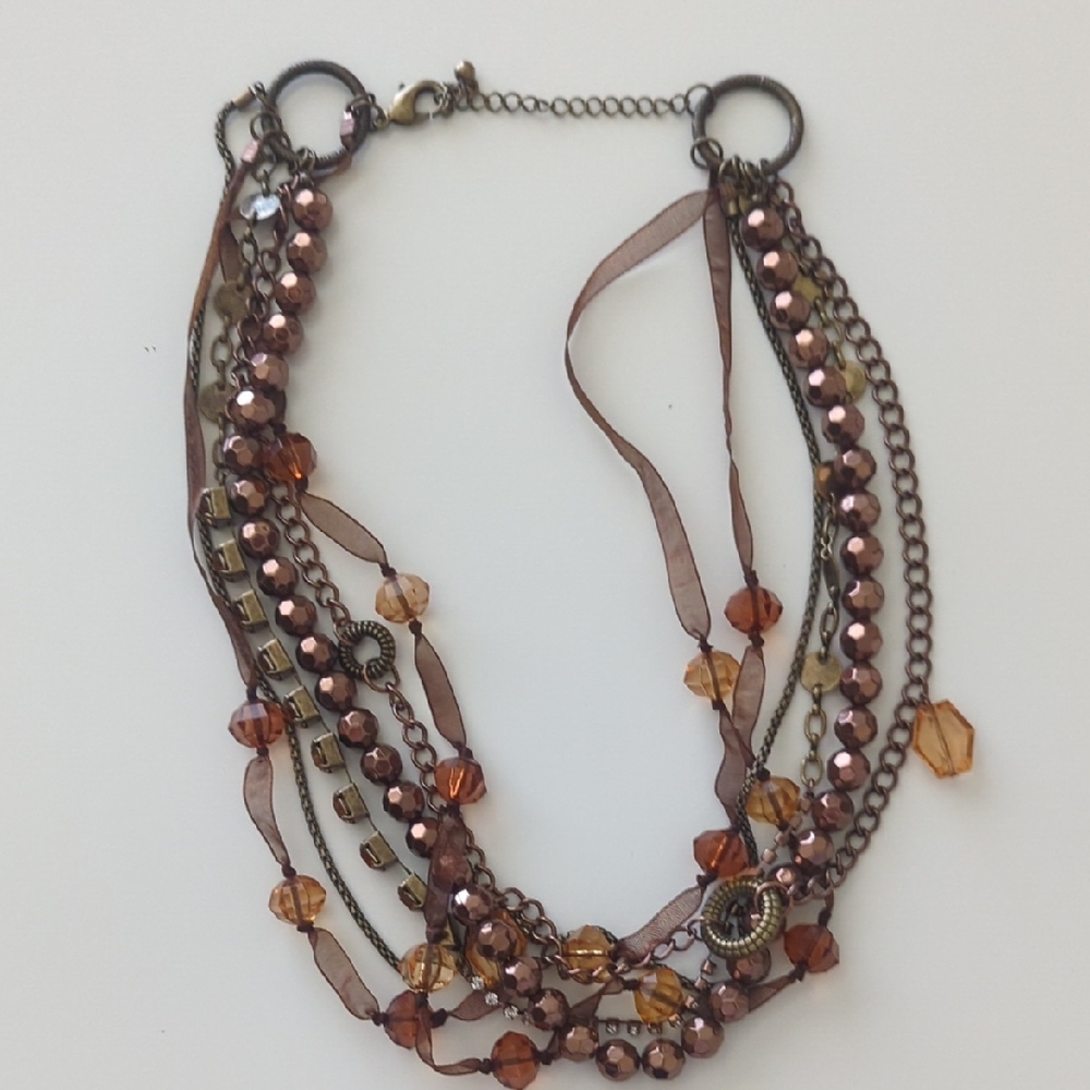 Elegant Multi-Strand Beaded Necklace - Brown and Gold